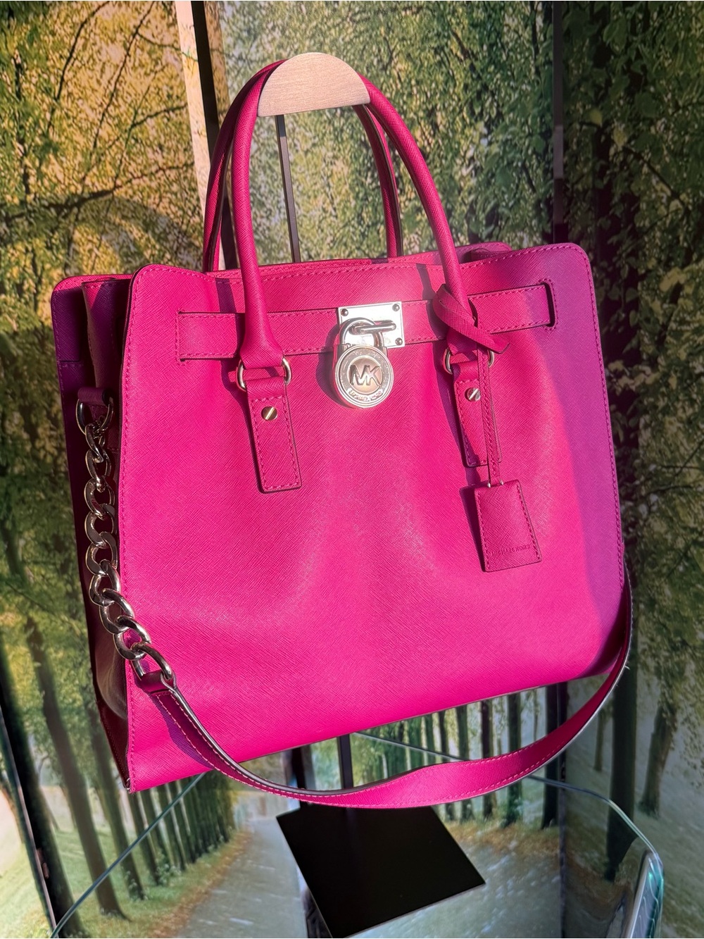 Michael Kors Hamilton Large Saffiano Leather Satchel Pink Gold Crossbody